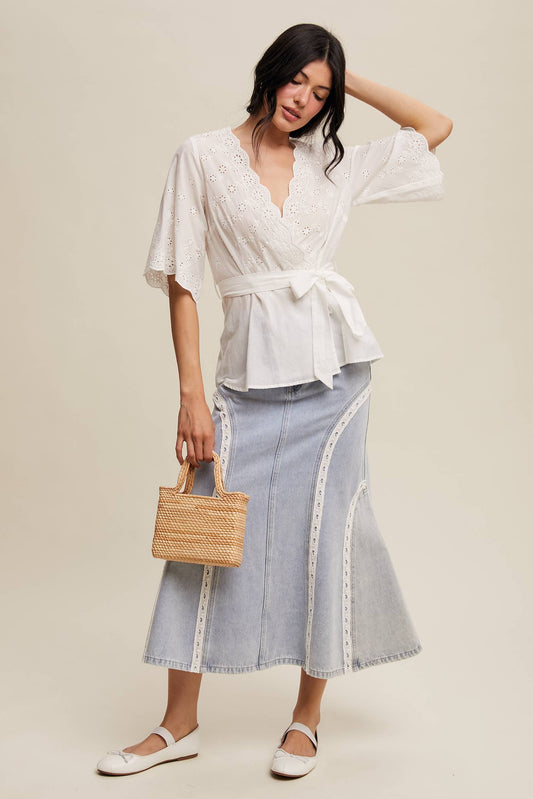 White Eyelet Embroidered Wrap Blouse