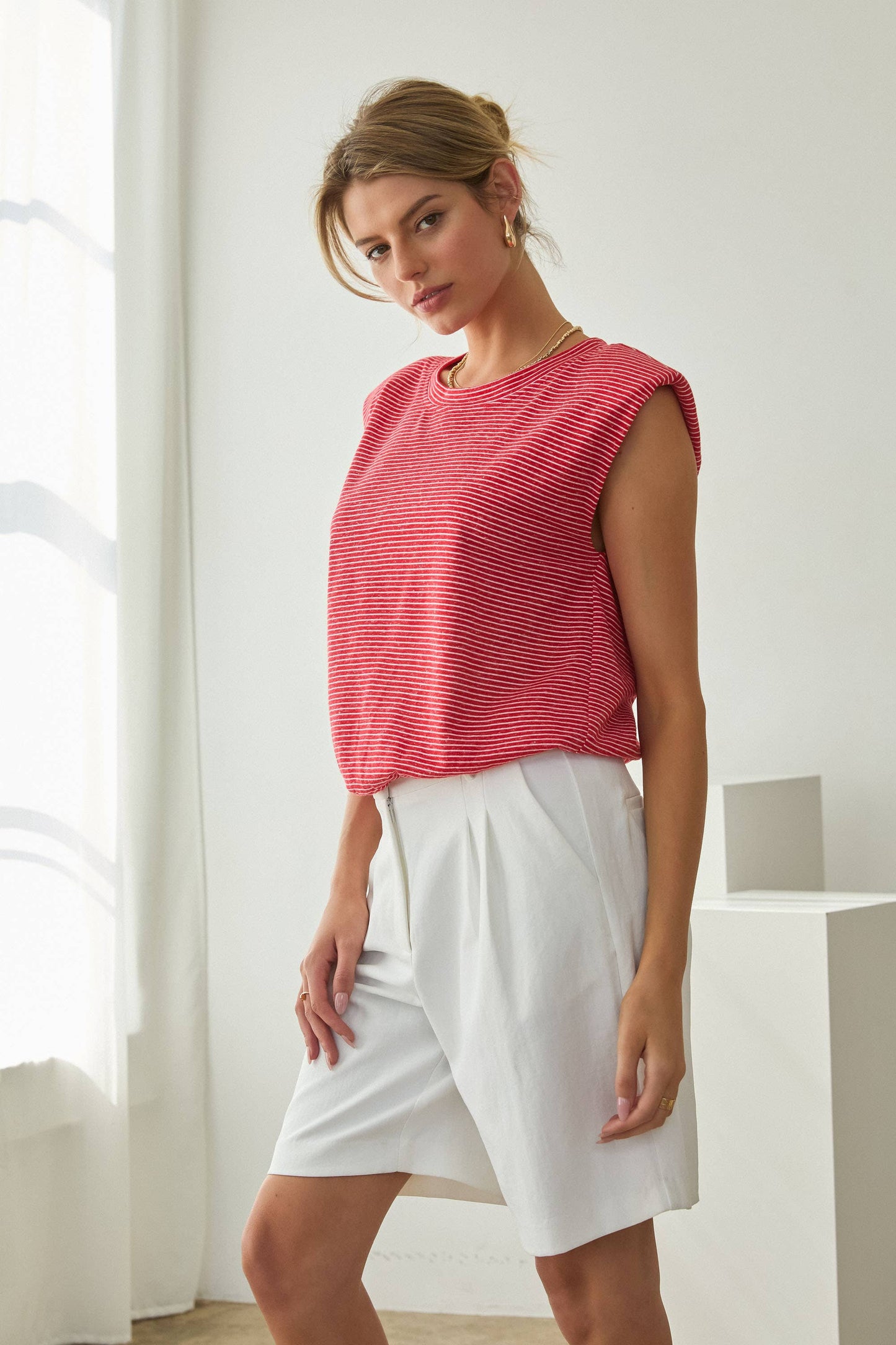 Red Stripe Knit Bubble Hem Tank Top-144741