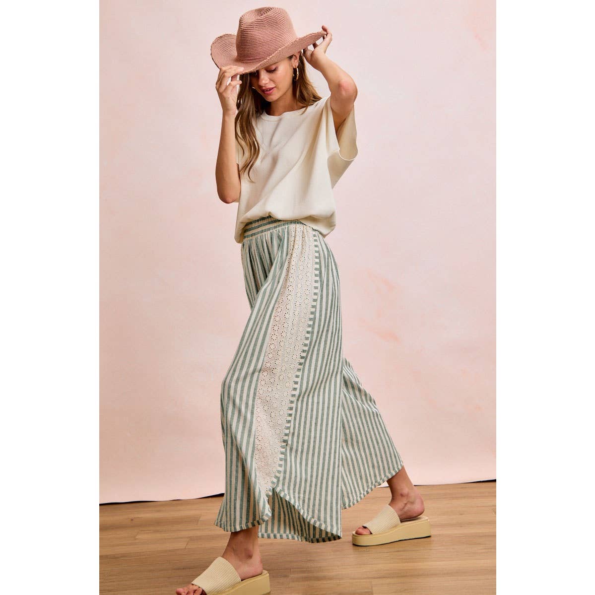 Black and White Stripe and Eyelet Side Wide Leg Pants-131889