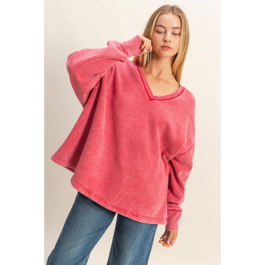 Raspberry Red Oversized V-Neck Sweatshirt With Raw Edge Detail
