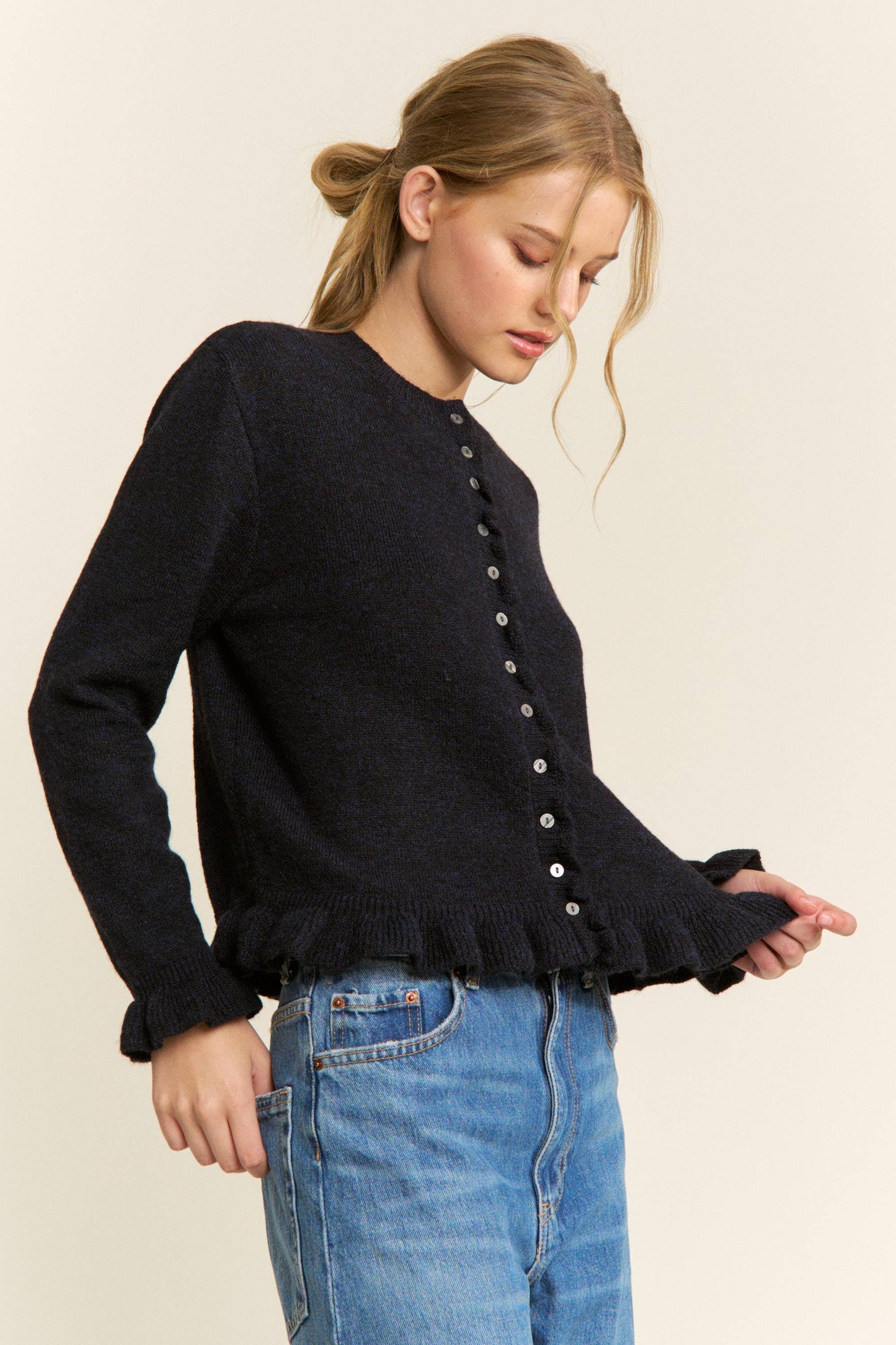 Navy Ruffle Trim Button-Up Cardigan -151015