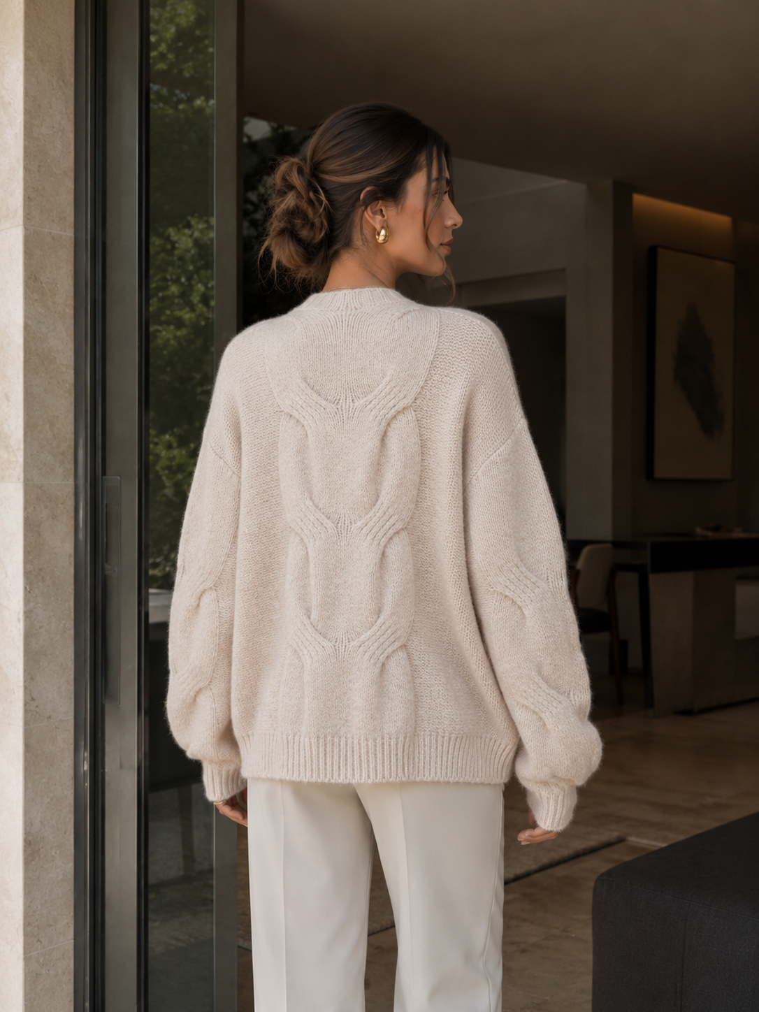 Taupe Chunky Cable Knit Open Cardigan-150190