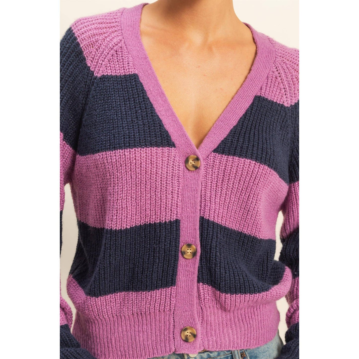 Navy and Purple Striped Button-Front Cardigan