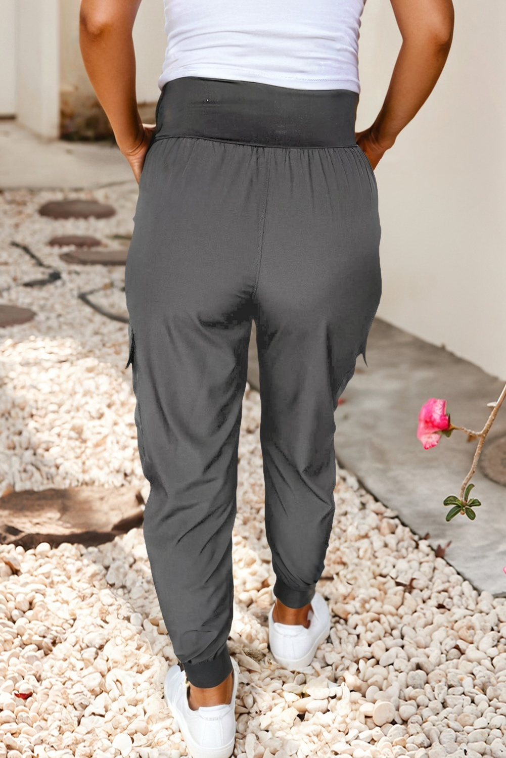 Grey Elastic High Waist Pocketed Parachute Cargo Jogger Pants