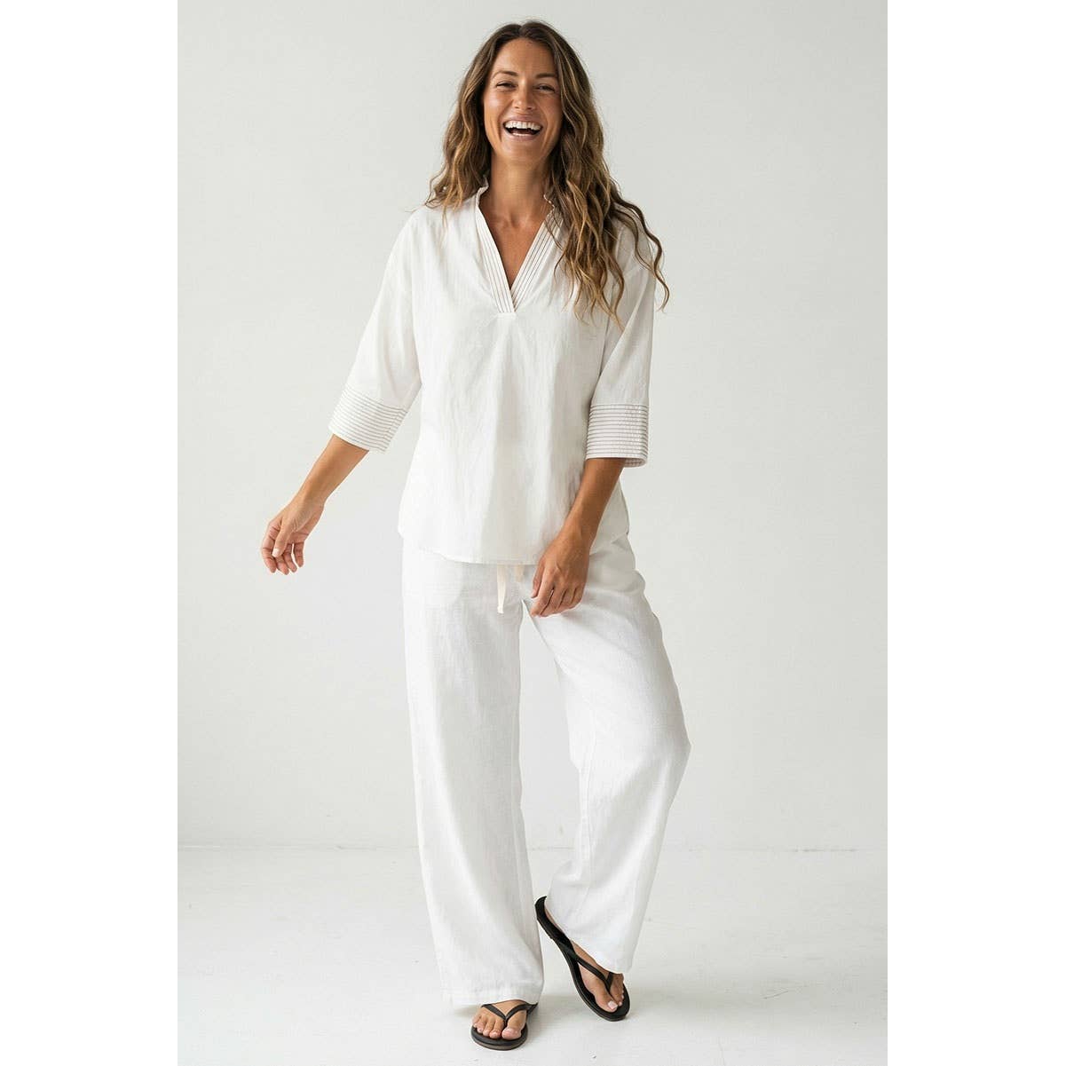 Cream w / Beige Stitch Detail V Neck and Sleeves Tunic Top - 149845