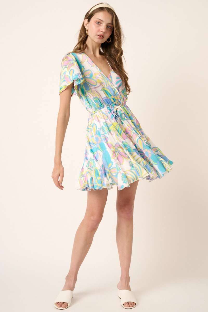 Blue Floral Print Surplice Mini Dress- 124266