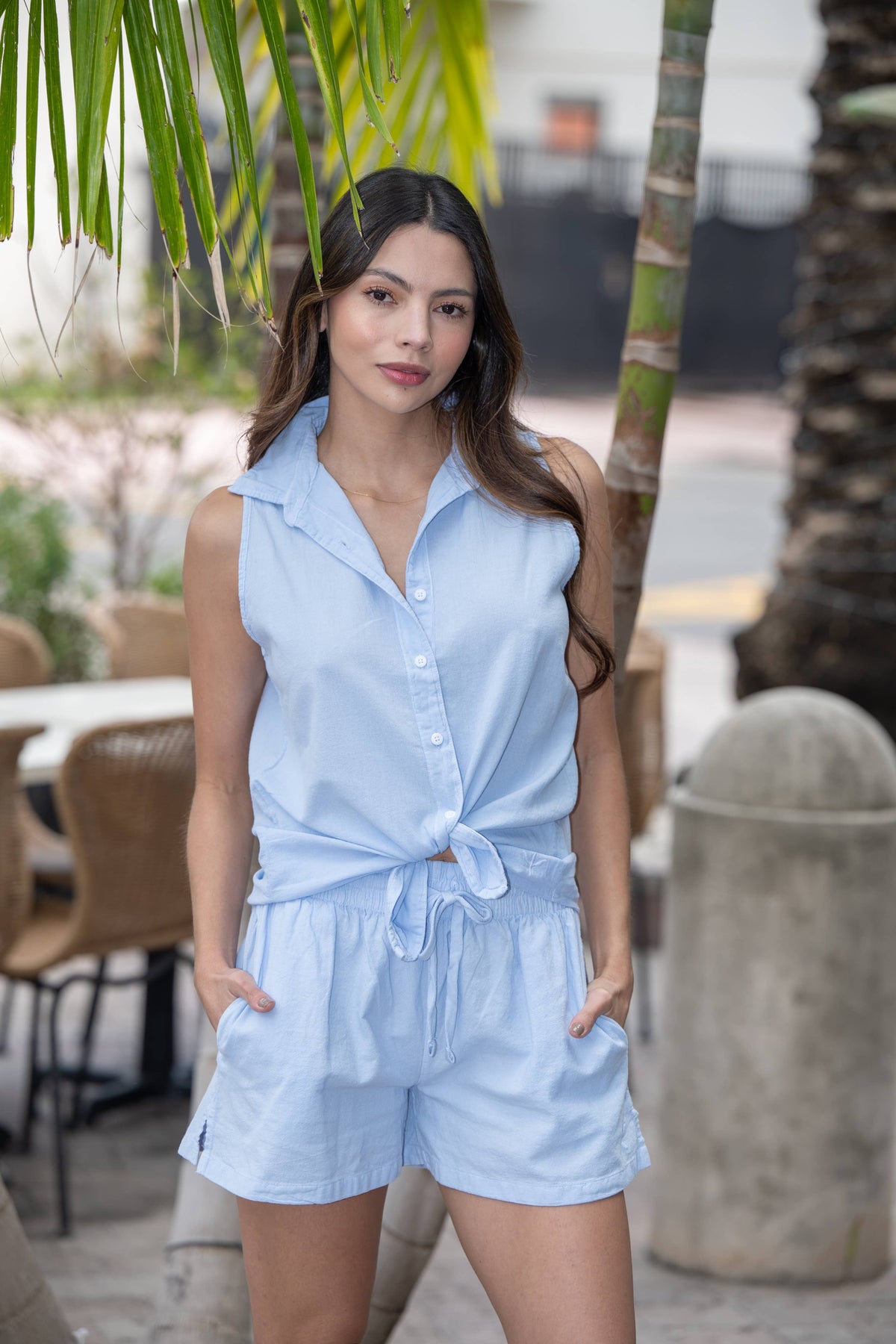 Sky Blue Sleeveless High-Low Button Up Cotton Top-142028