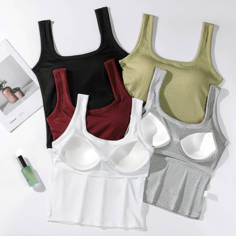 Red Ribbed Square Neck W/ Built-in Tank Top-185836
