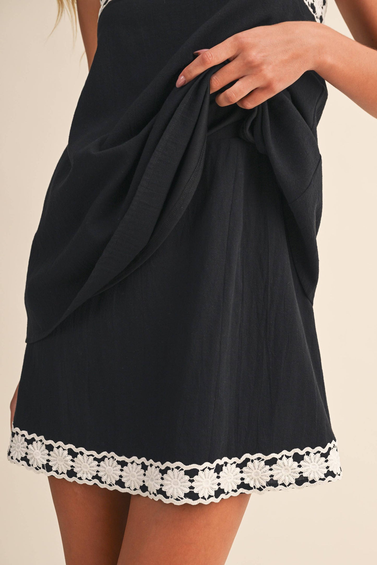 Black with White Detail Trim Linen Dress - 120145