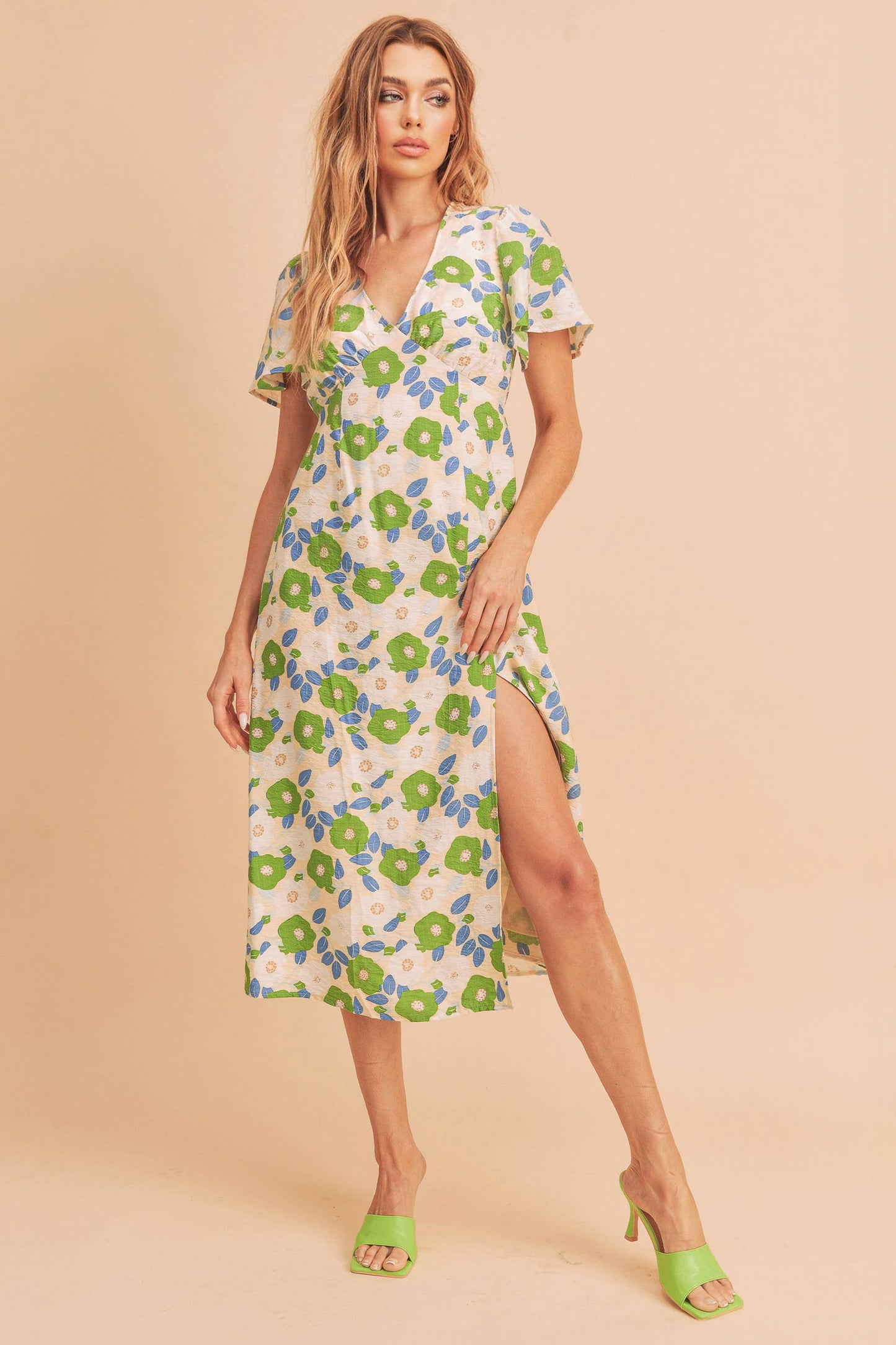 Cream w/ Green Floral Inessa Dress-124109