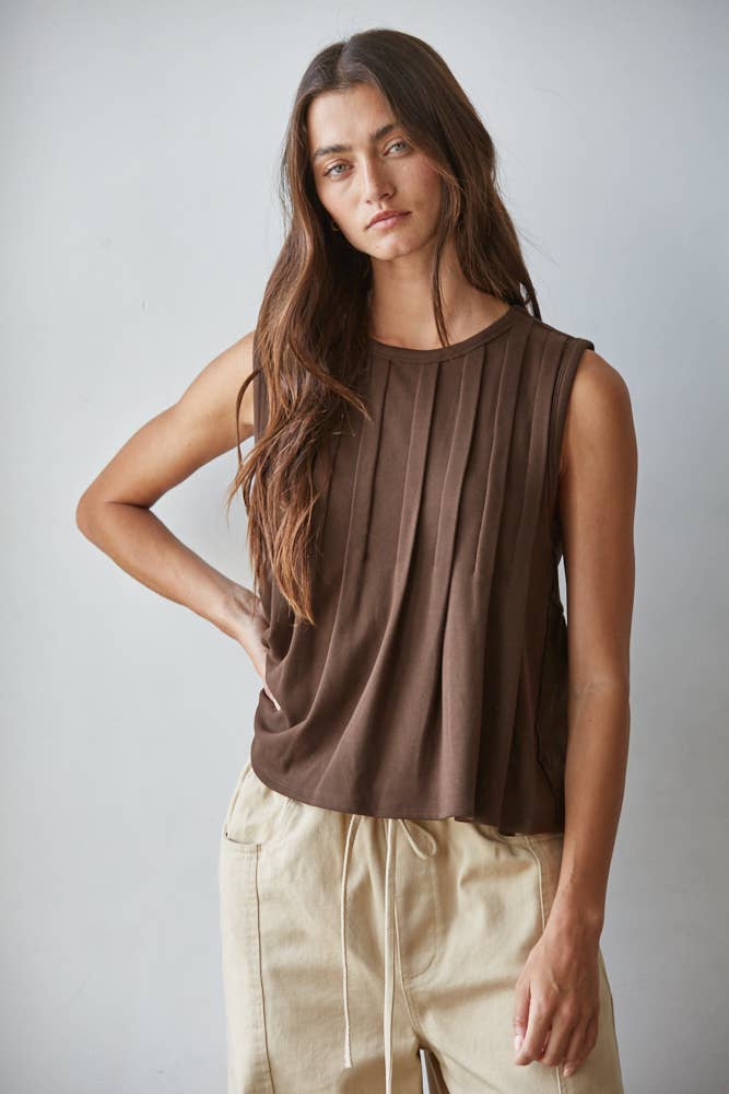 Chocolate Round Neck Jersey Knit Sleeveless Top-149117