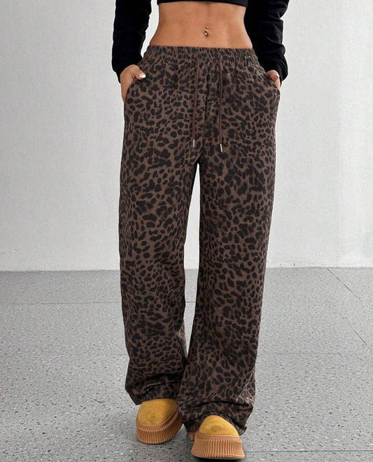 Brown Leopard Print Casual Drawstring Pants- 132533