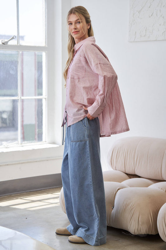 Red Mira Lightweight Button-Up Oversized Shirt