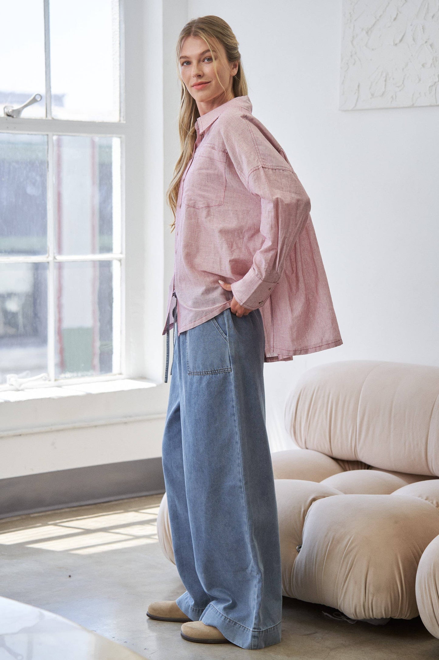 Red Mira Lightweight Sheer Oversized Button-Up Shirt