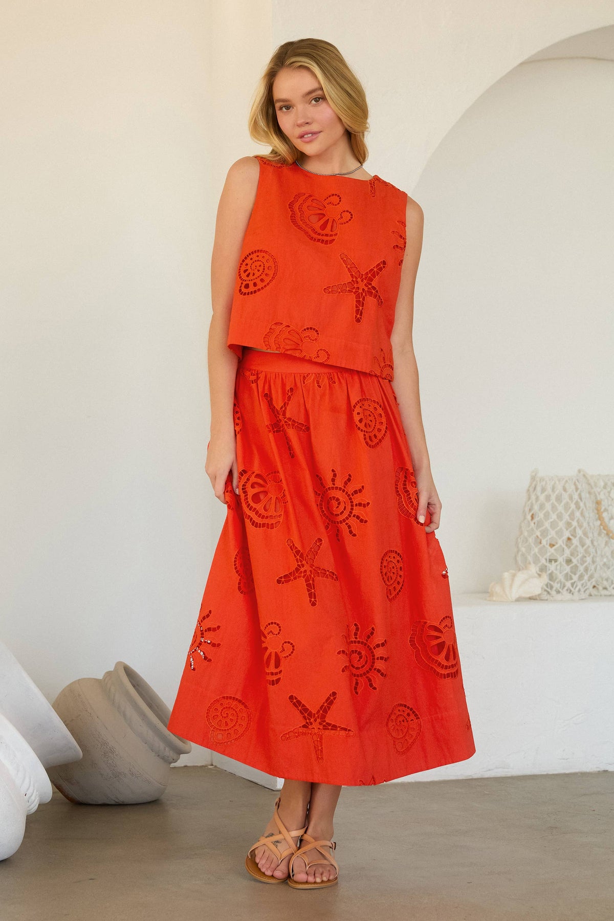 Coral Seaside Embroidered Eyelet Sleeveless Top-147469
