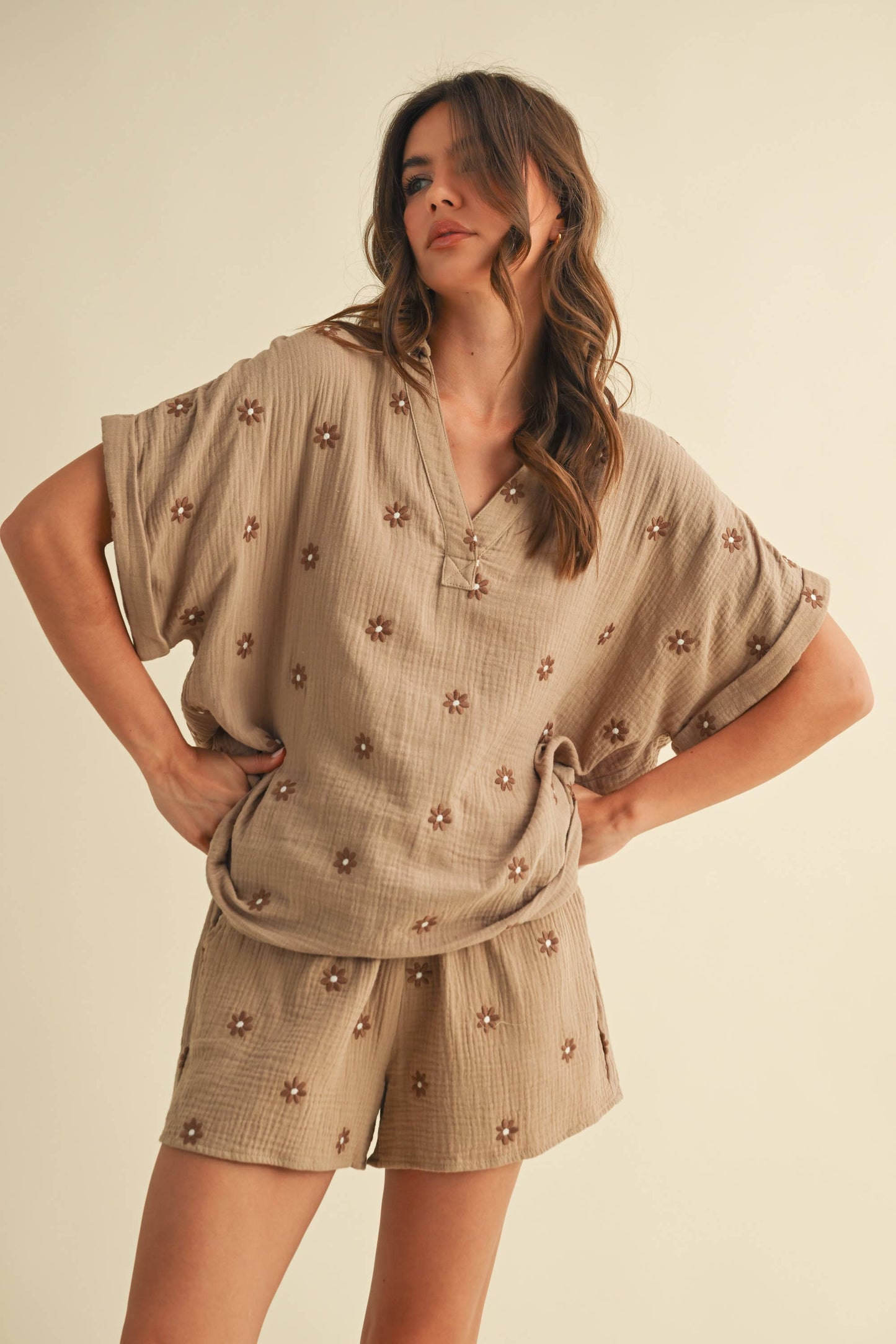 Mocha Embroidered Flower Cotton Short Set