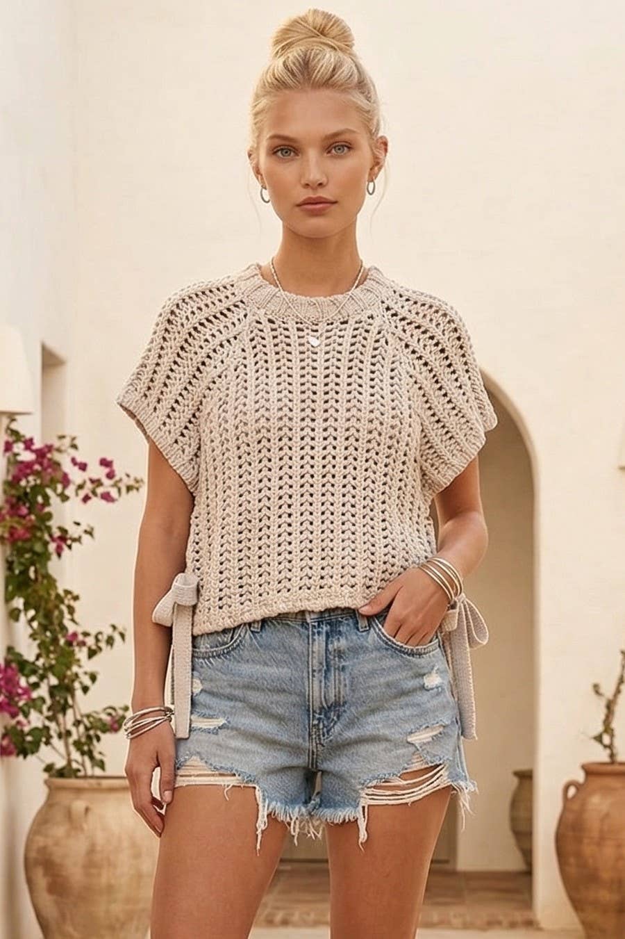 Yellow Chunky Knit Crochet Top W/ Side Ties-141551