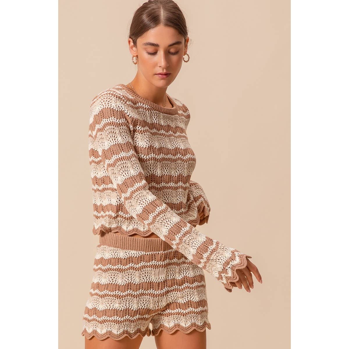 Black Combo Crochet Knitted Scallop Edge Top- 141137