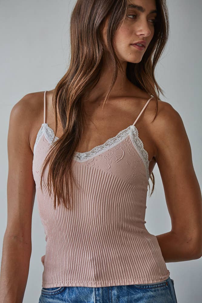 Pink Knit Seamless Ribbed Jacquard and Lace Camisole - 141289