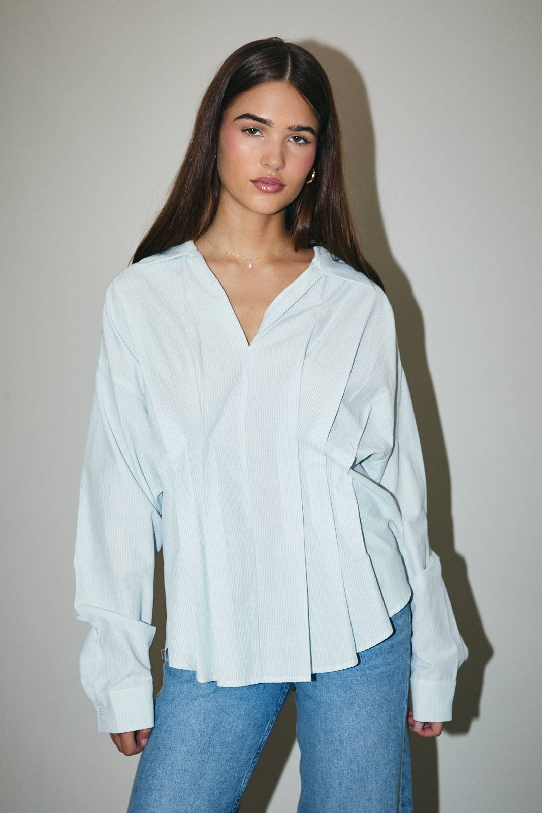 Blue and White Pleated Cotton Shirt- 142065