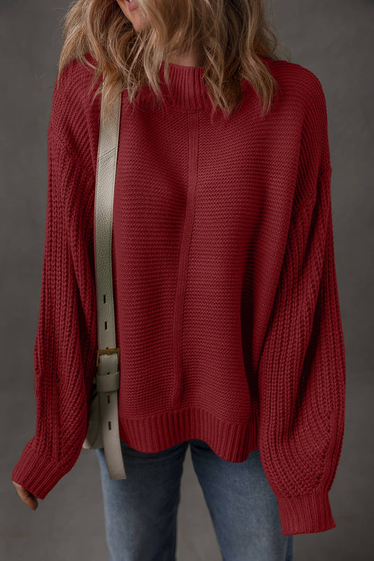 Red Dahlia Burgundy Mix Texture Knit Front Seam Detail Sweater