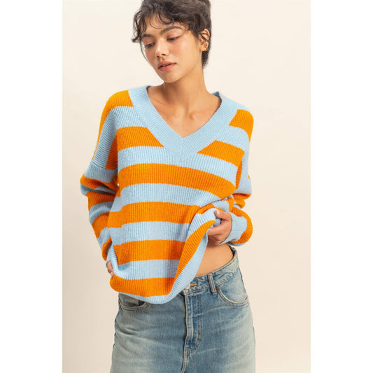 Orange and Blue Oversized Striped V-Neck Sweater