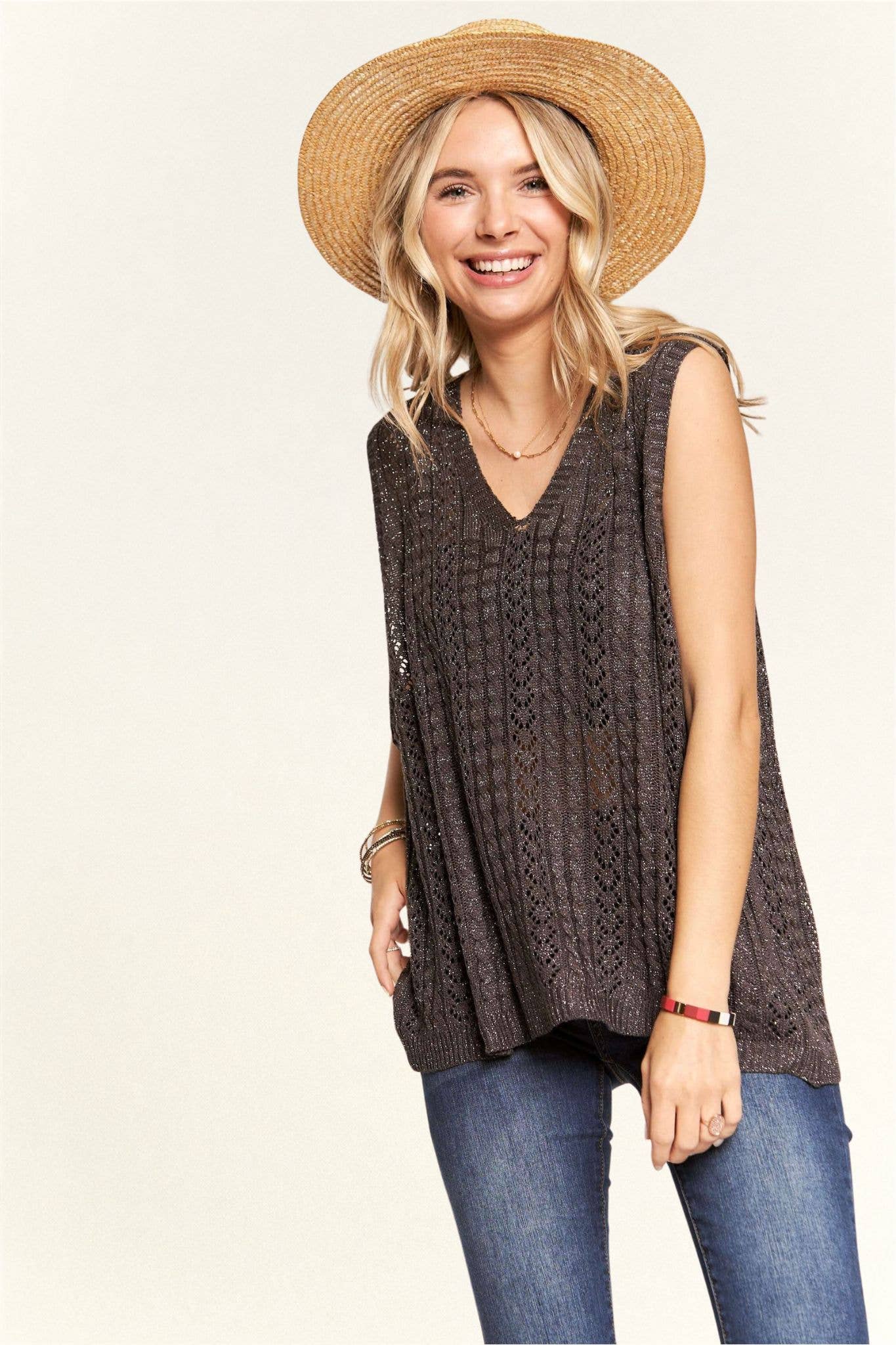 Grey Oversized Open Knit Vest /One size - 143302