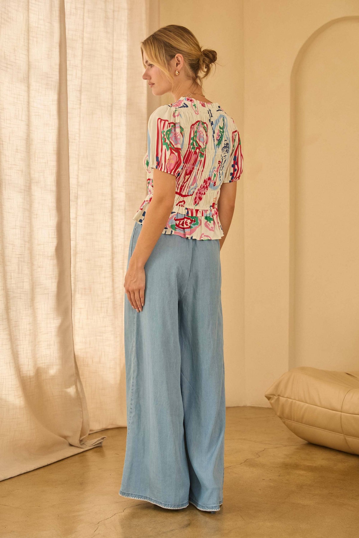 White w/ Mulit Color Printed Short Sleeve Peplum Top- 144720