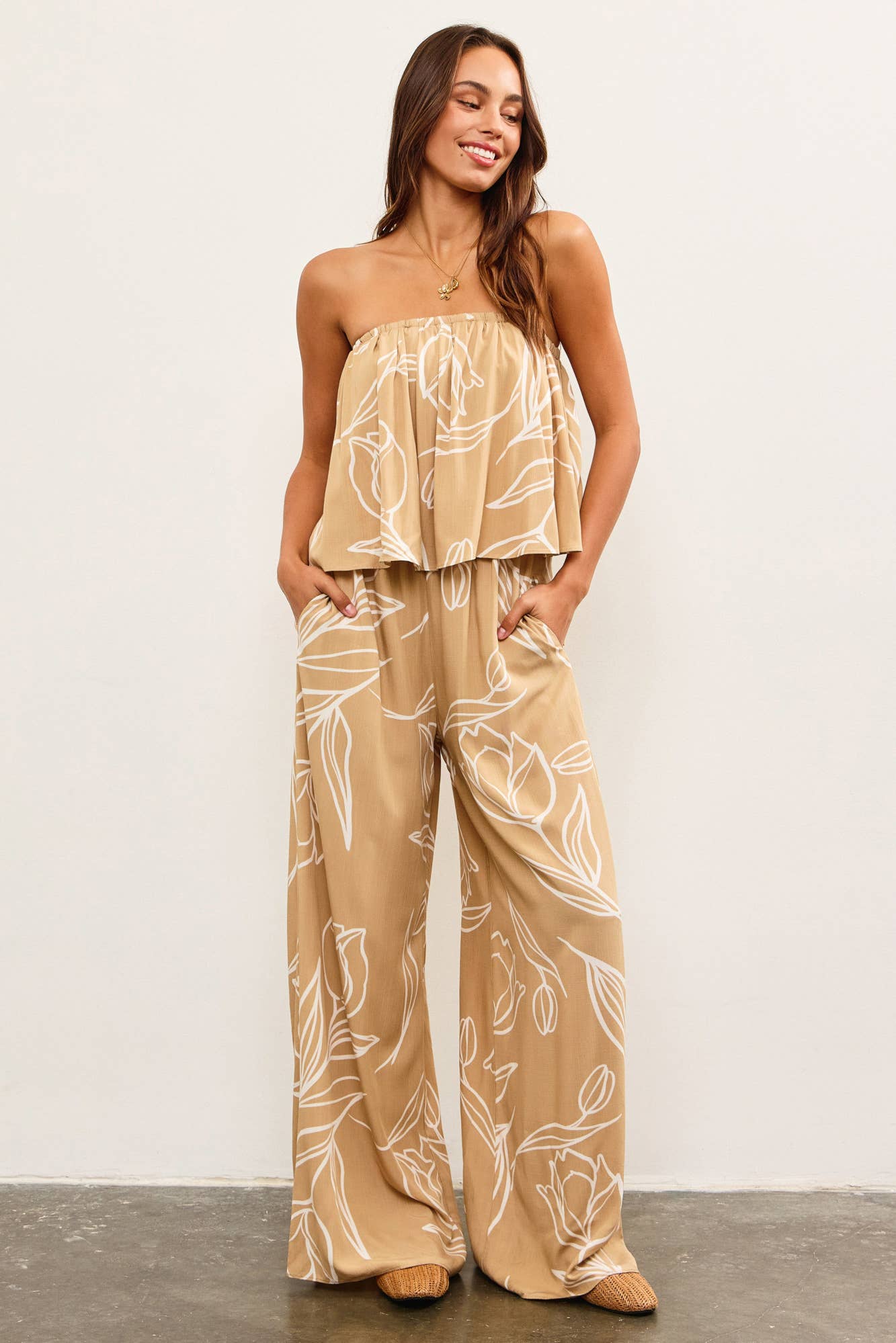 Tan Strapless Top Wide Leg Pant Jumpsuit- 135099