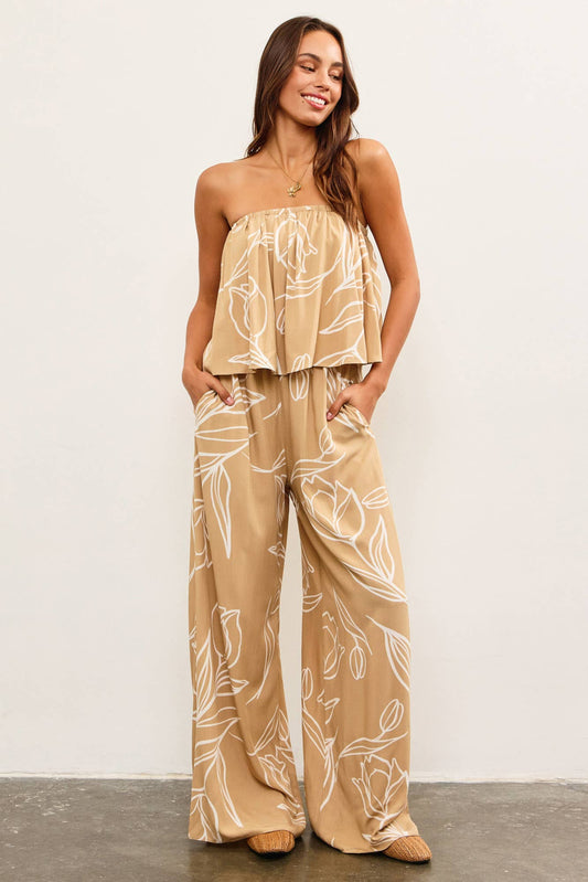 Tan Strapless Top Wide Leg Pant Jumpsuit- 135099