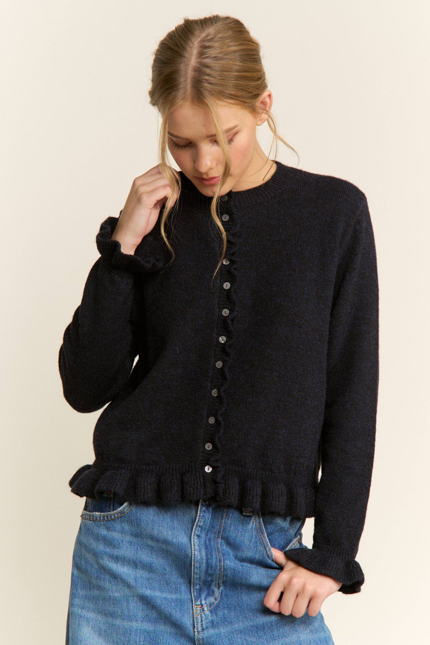 Navy Ruffle Trim Button-Up Cardigan -151015