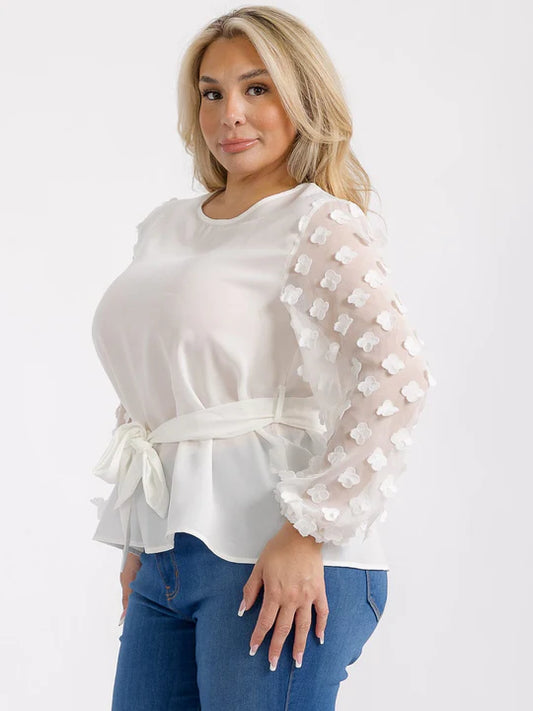 White Sheer Detailed Long Sleeve Tie Blouse