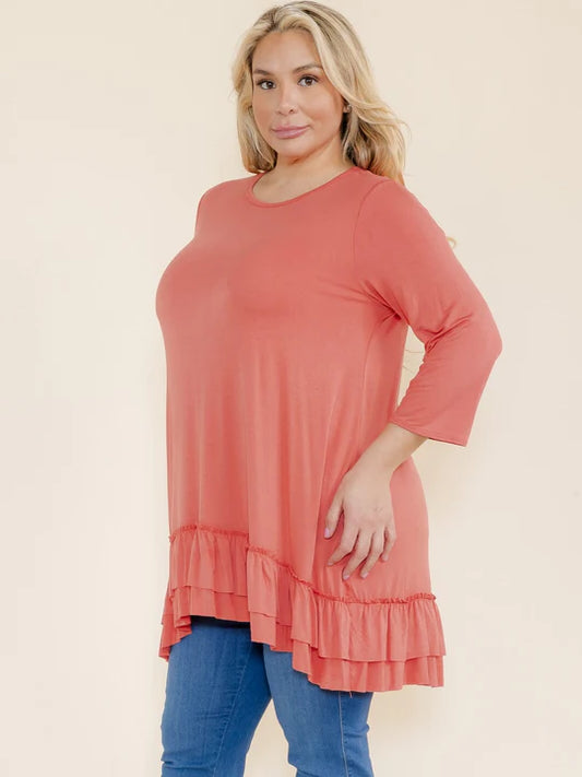 Blue or Coral High Low Top with 3/4 Sleeves and Ruffled Bottom Hem