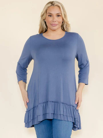 Blue or Coral High Low Top with 3/4 Sleeves and Ruffled Bottom Hem