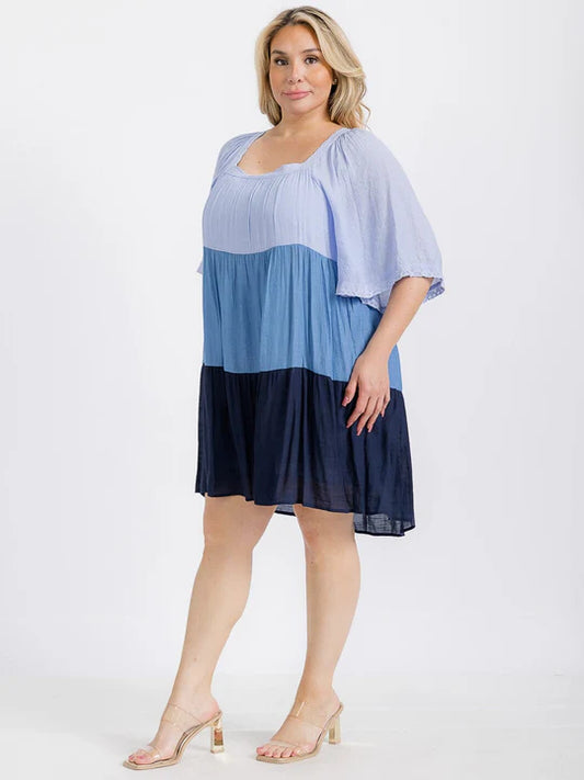 Square Neck Soft Blue Tiered Tunic Dress