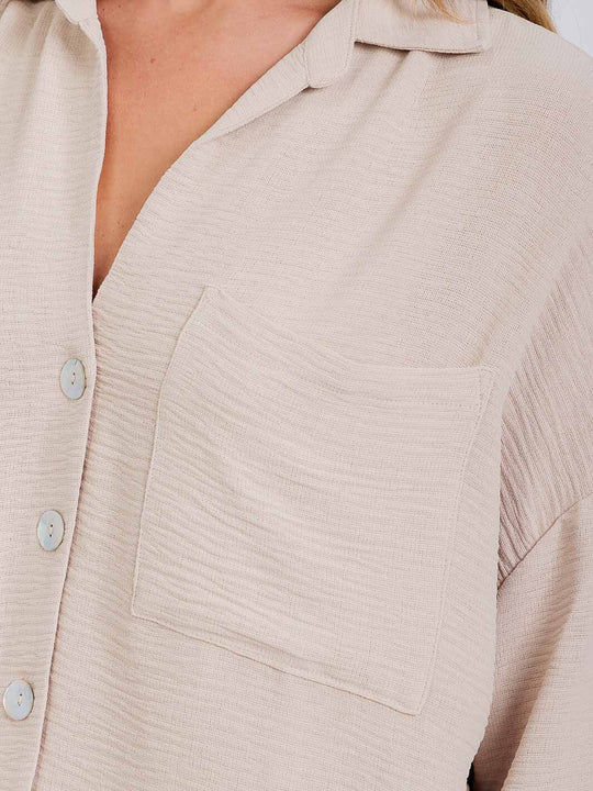 Front Pockets Long Sleeve Flowy Button Up Blouse Taupe or Orange