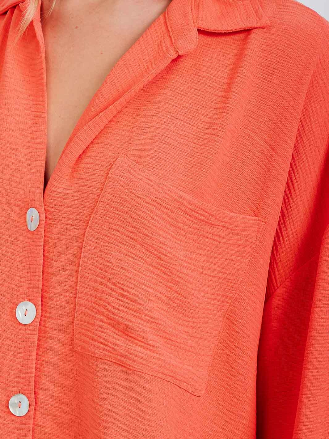 Front Pockets Long Sleeve Flowy Button Up Blouse Taupe or Orange
