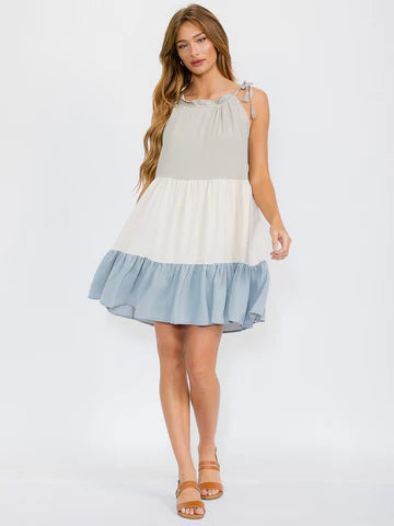 Shoulder Tassel Tuliped Soft Blue Color Block Tiered Dress