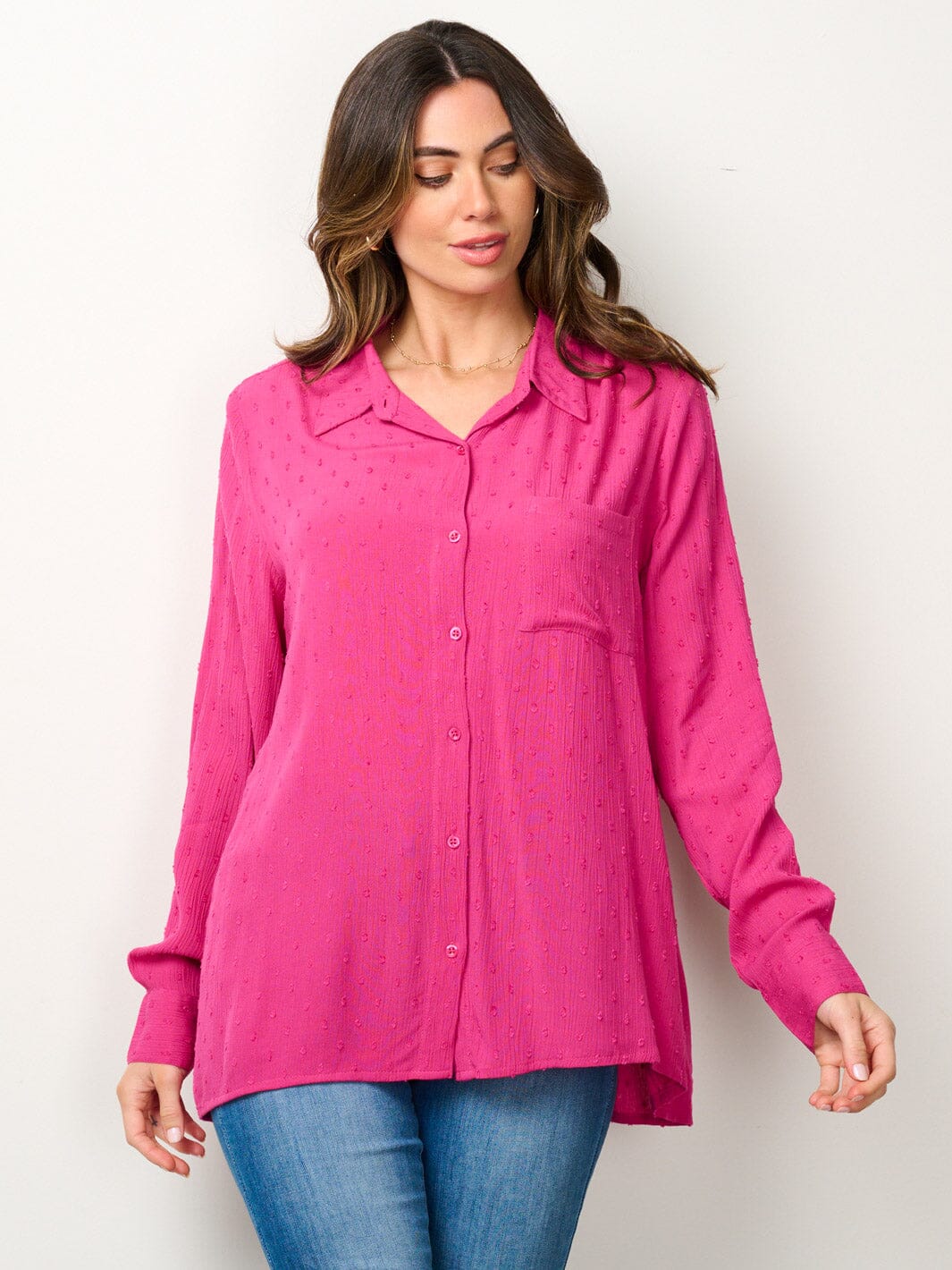 Long Sleeve Magenta Swiss Dot Button Up Blouse