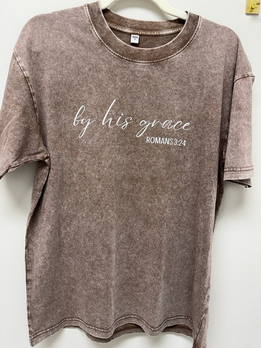 "By His Grace" Inspirational Mocha Brown Mineral Washed Tee