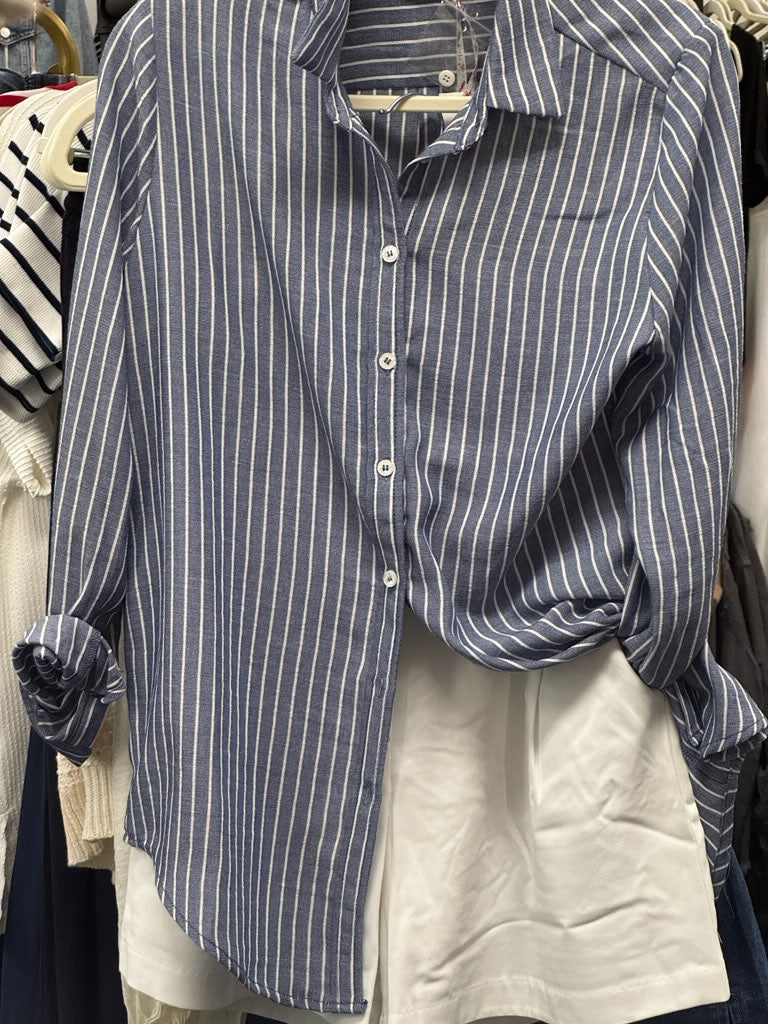 Navy Stripe Linen Blend Long Sleeve Button-Down Shirt-141454