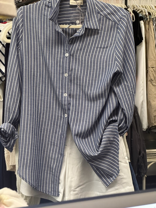 Navy Stripe Linen Blend Long Sleeve Button-Down Shirt-141454