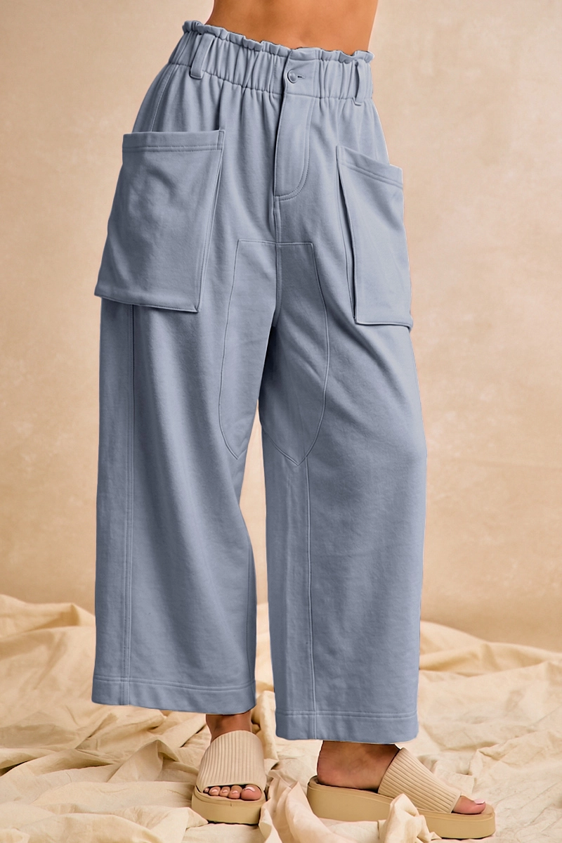 Denum Blue French Terry Wide Leg Pants-131956