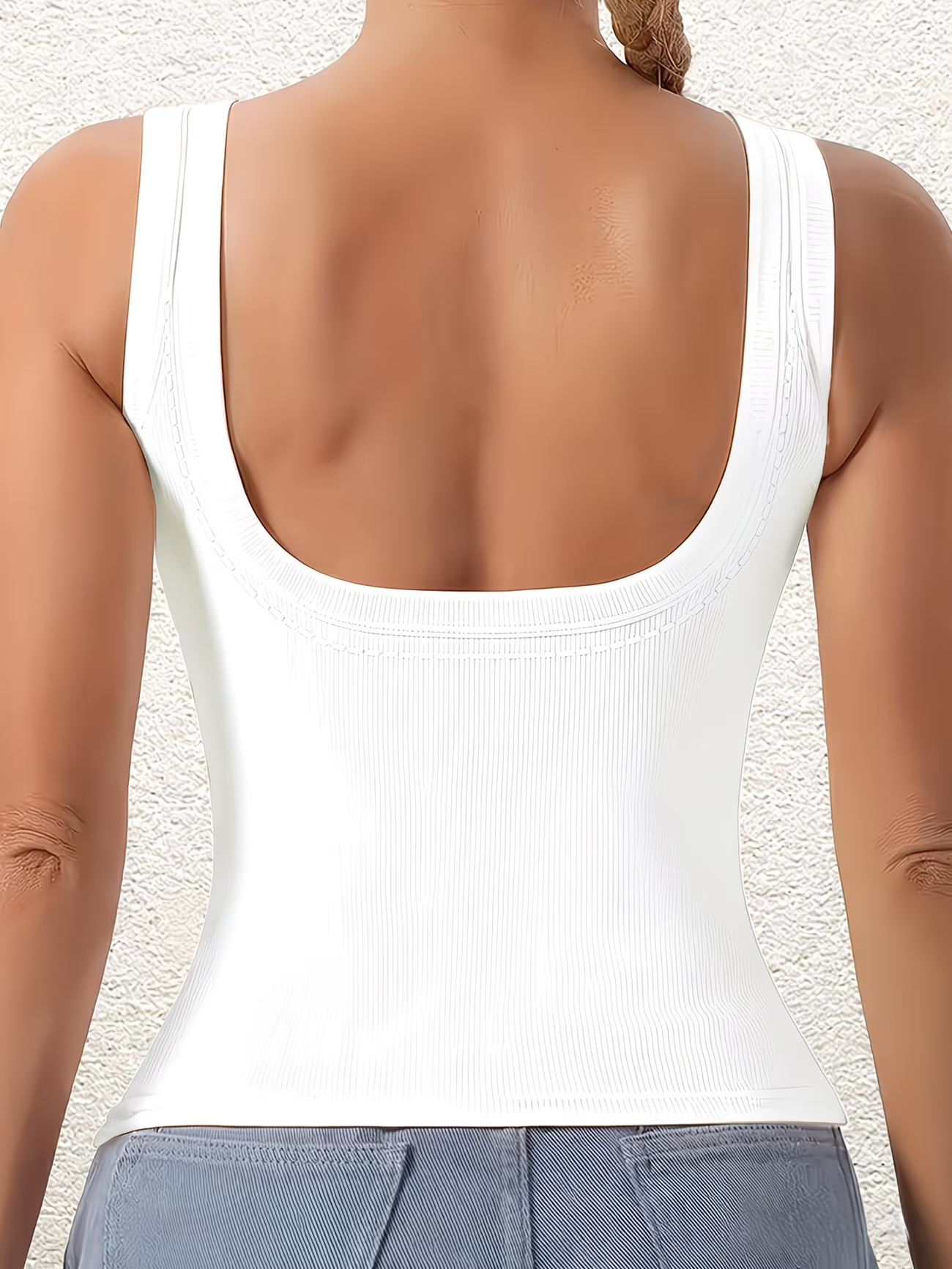 White Soft Ribbed U Neck Built in Bra Tank  - 182808