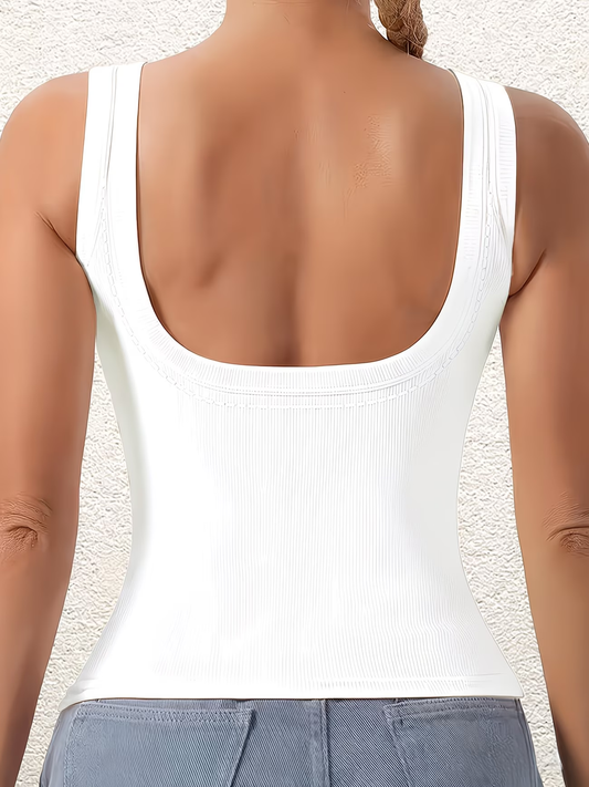 White Soft Ribbed U Neck Built in Bra Tank  - 182808