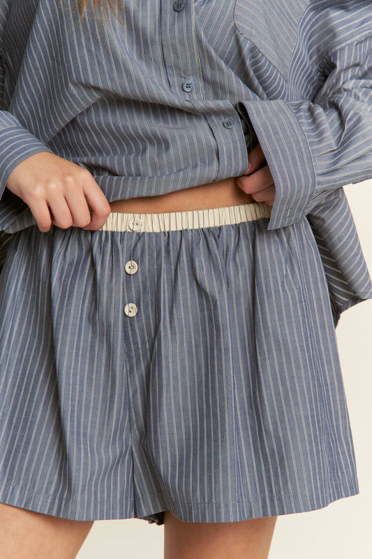 Blue Striped Cotton Button-Front Lounge Shorts