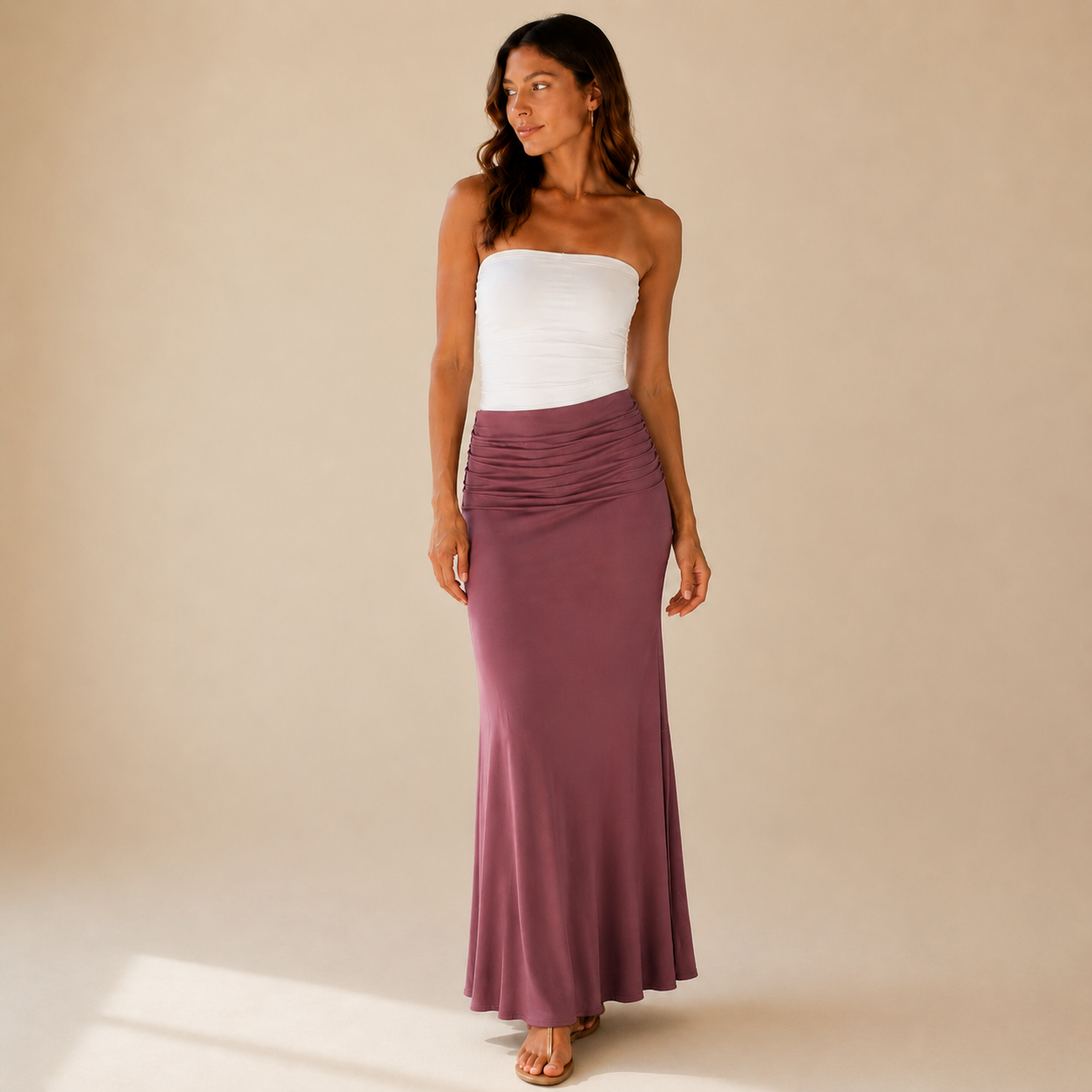 Marsala Soft Stretch Jersey Maxi Skirt w/  Foldover Waist - 130026
