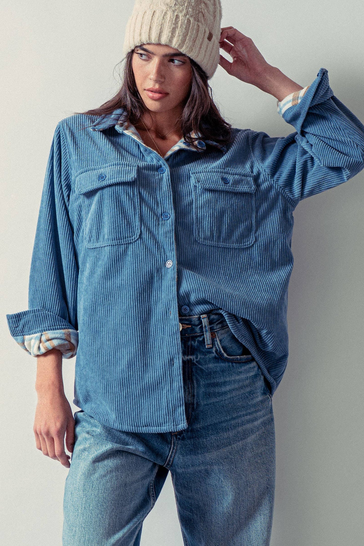Soft Blue Corduroy with Plaid Flannel-Lined Shacket