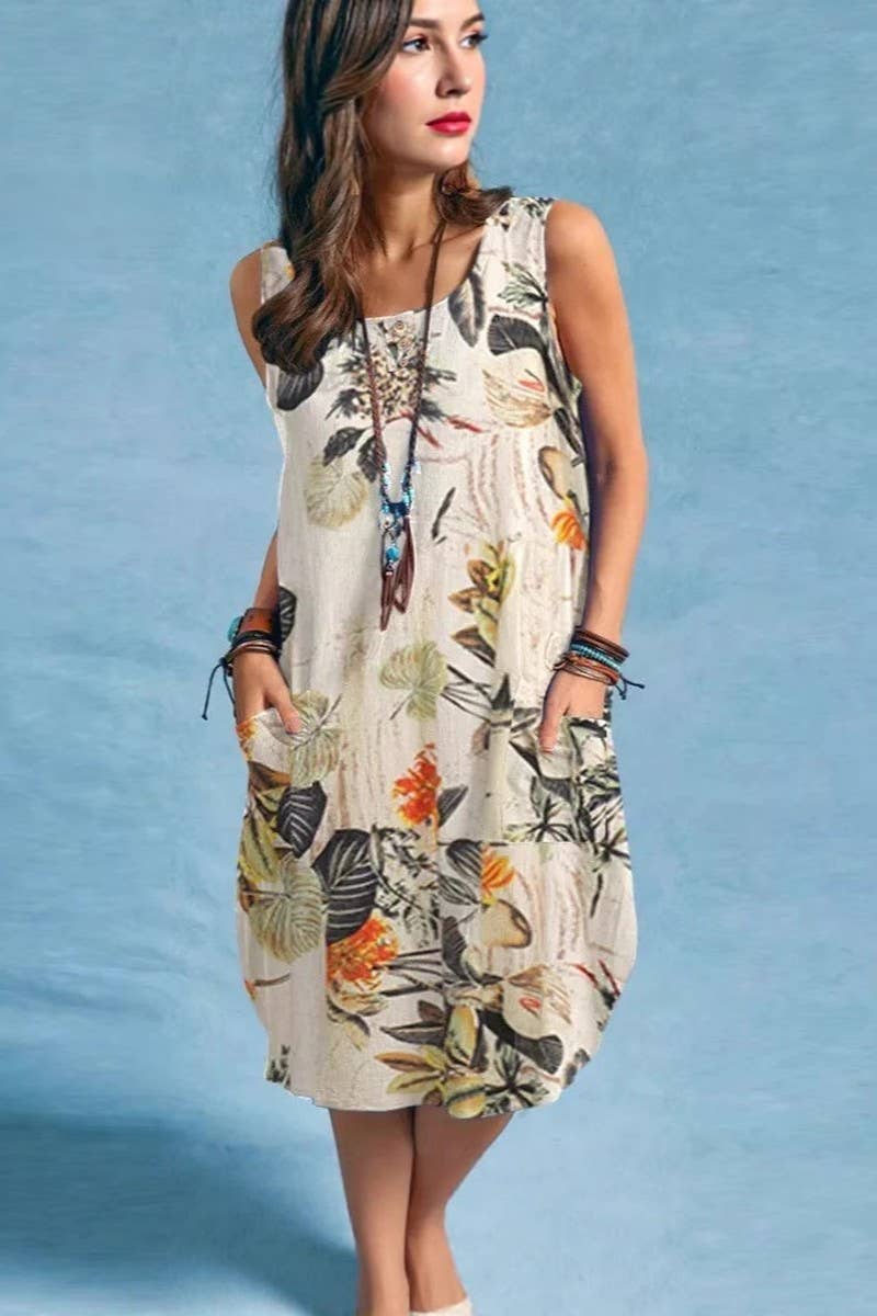 Cream Fall Garden Shift Dress with Front Large Pockets