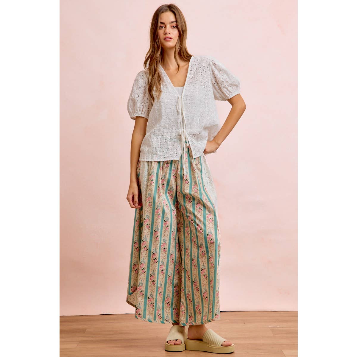Teal w/ Pink Floral Eyelet Side Wide Leg Pants-141889